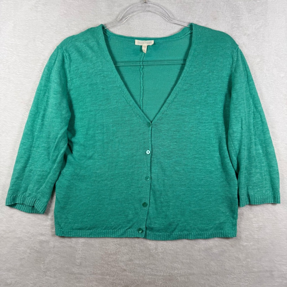 Eileen Fisher Green 100% Linen V-Neck Button Front Cardigan Sweater S S3LWL-3